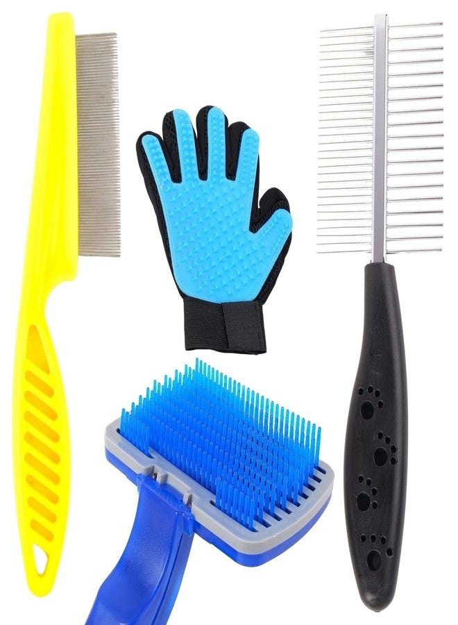 REGIIS Pet Grooming Kit with Self-Cleaning Slicker Brush, Deshedding Glove, Metal Flea Comb, 4-Piece Dog Brush Set for Pet Hair Removal(PACK OF 4) - Image 1
